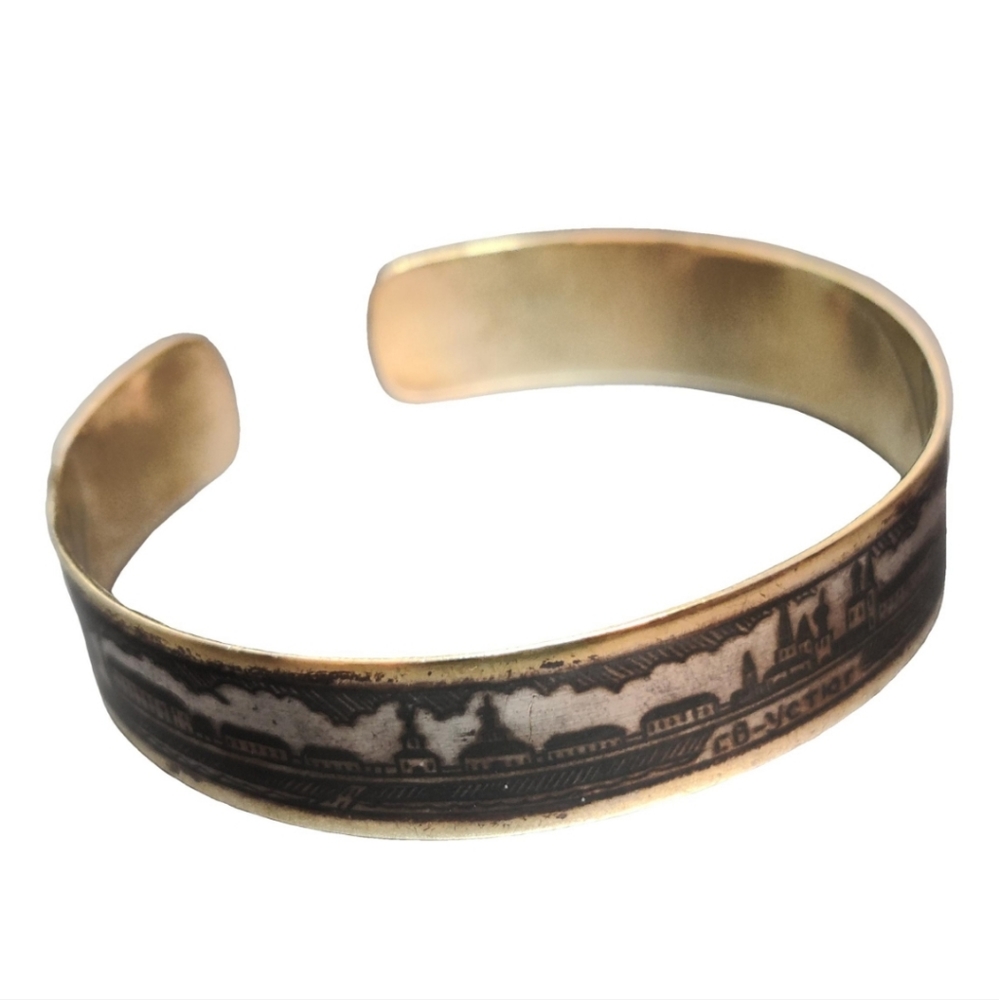 Vintage Gold Over Silver 900 Niello Style Cuff Bracelet Soviet Jewelry